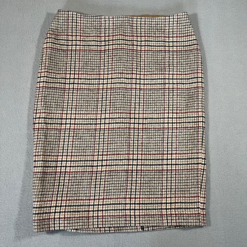 Talbots Womens Size 8 Glen Plaid Wool Blend Pencil Skirt Tan Black Red‎
